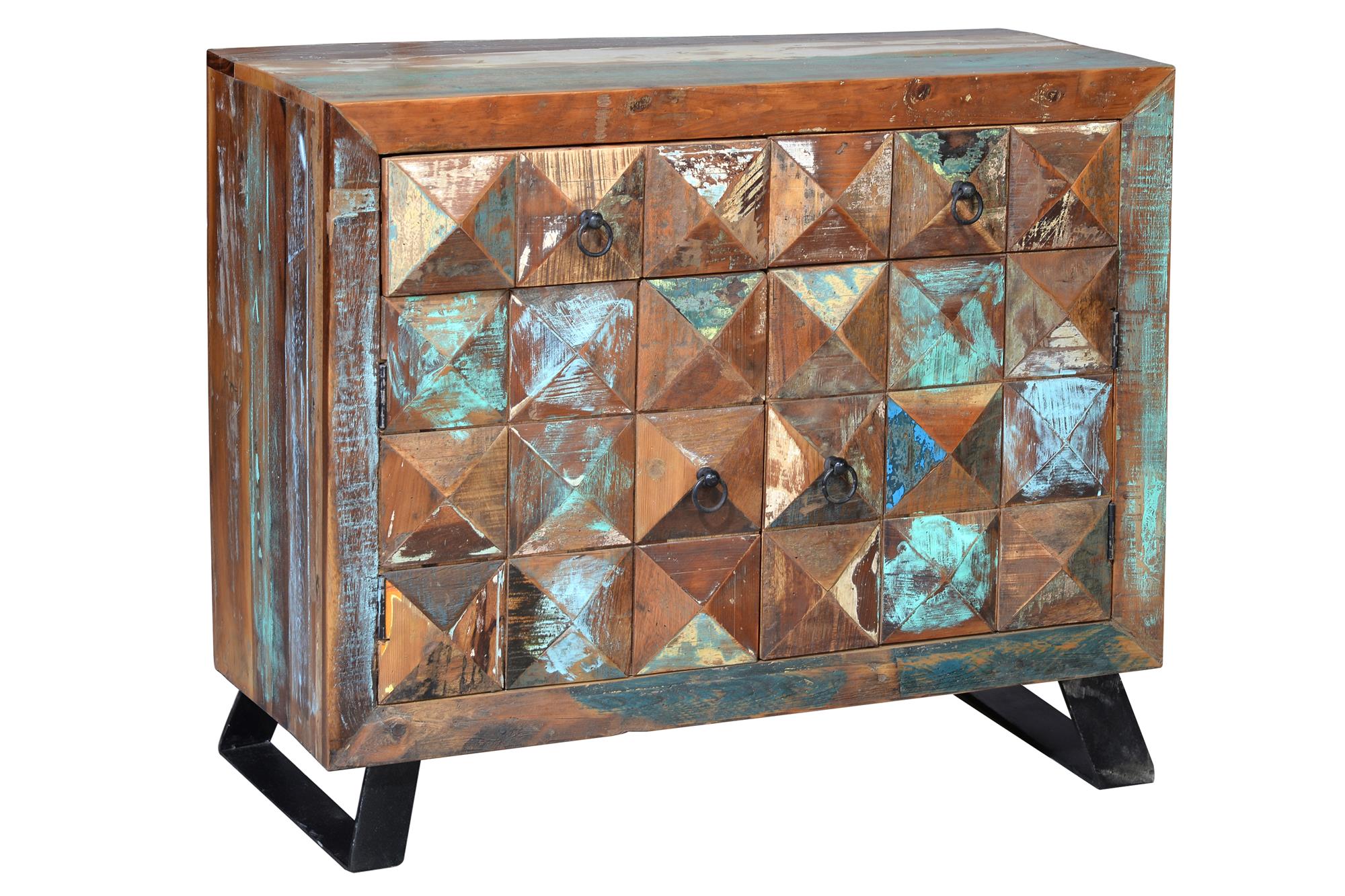 Ainutlaatuinen lipasto monivärisestä kierrätyspuusta