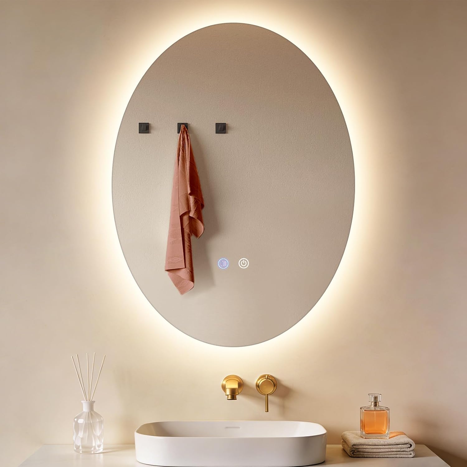 NETTLIFE Soikea LED-kylpyhuoneen peili 60x80cm, Kosketusohjaus, Huurtumaton, Himmennettävä 3000-6500K, IP44 Seinäpeili