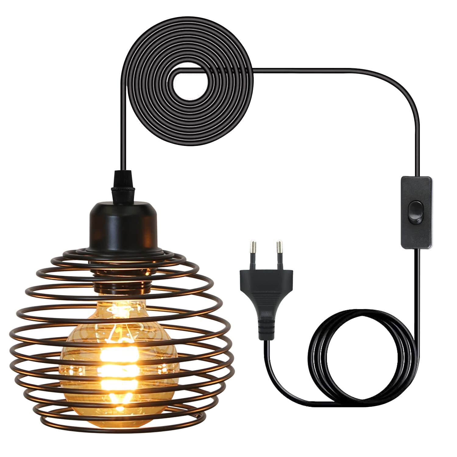 NETTLIFE riippuvalaisin E27 musta, halkaisija 15 cm, vintage-jousikuvio, metalli, pistoke ja kytkin, retro, olohuone, keittiö, max. 40 W