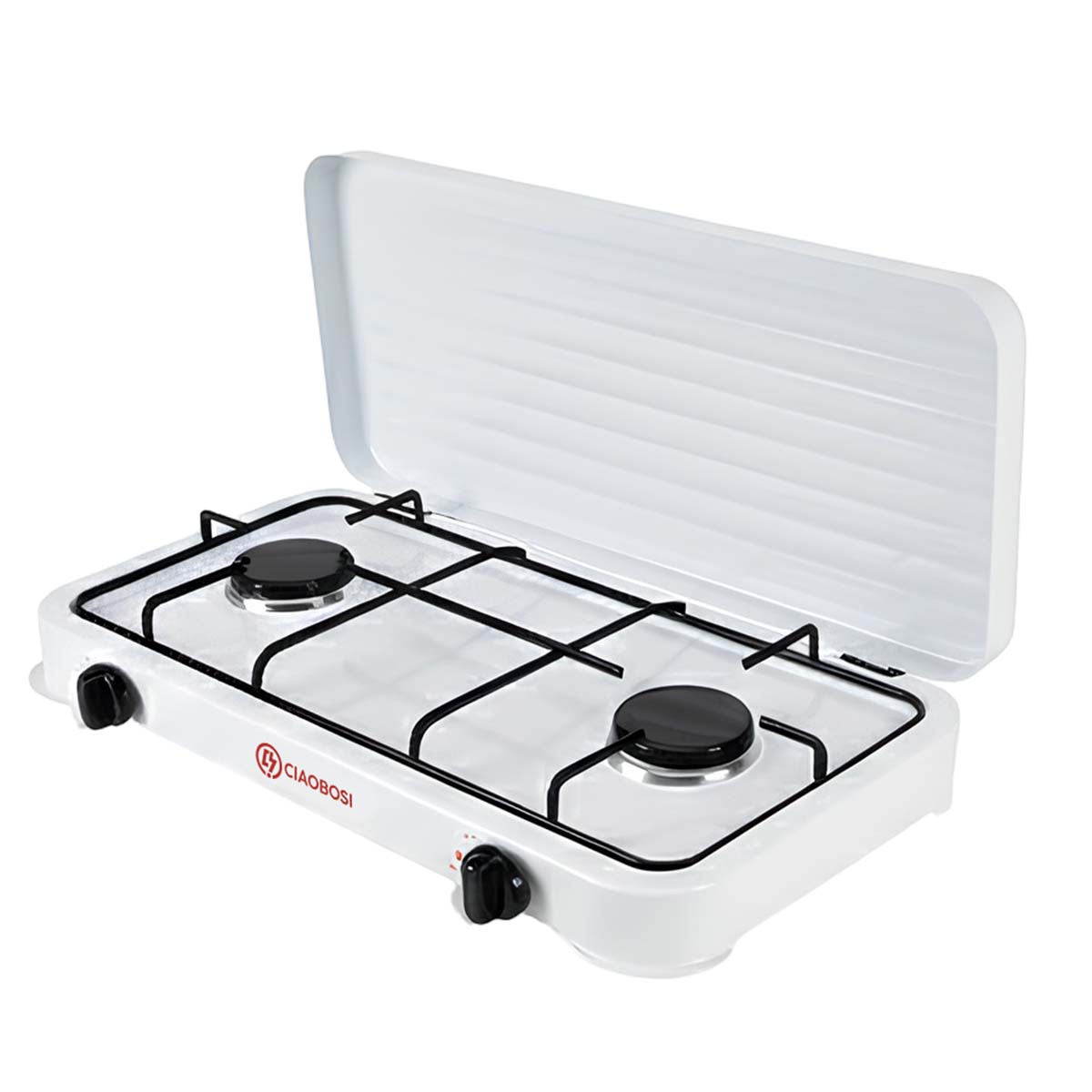 Kaksiliekkinen kaasuliesi manuaalisella sytytyksellä ja taitettavalla kannella