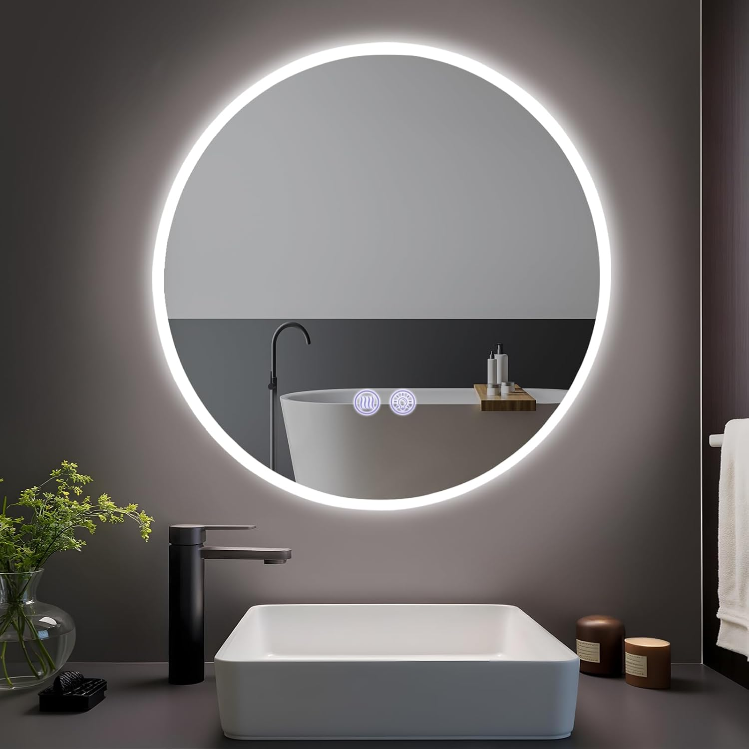 ZMH 60 cm pyöreä kylpyhuoneen peili LED-valaistuksella ja säädettävällä kirkkaudella