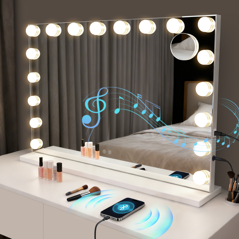 NETTLIFE Hollywood Meikkipeli LEDillä ja Bluetoothilla, 18 LEDiä, iso kampauspöytäpeili, valo ja musiikki, 3 tilaa, kosketus- ja himmennettävä