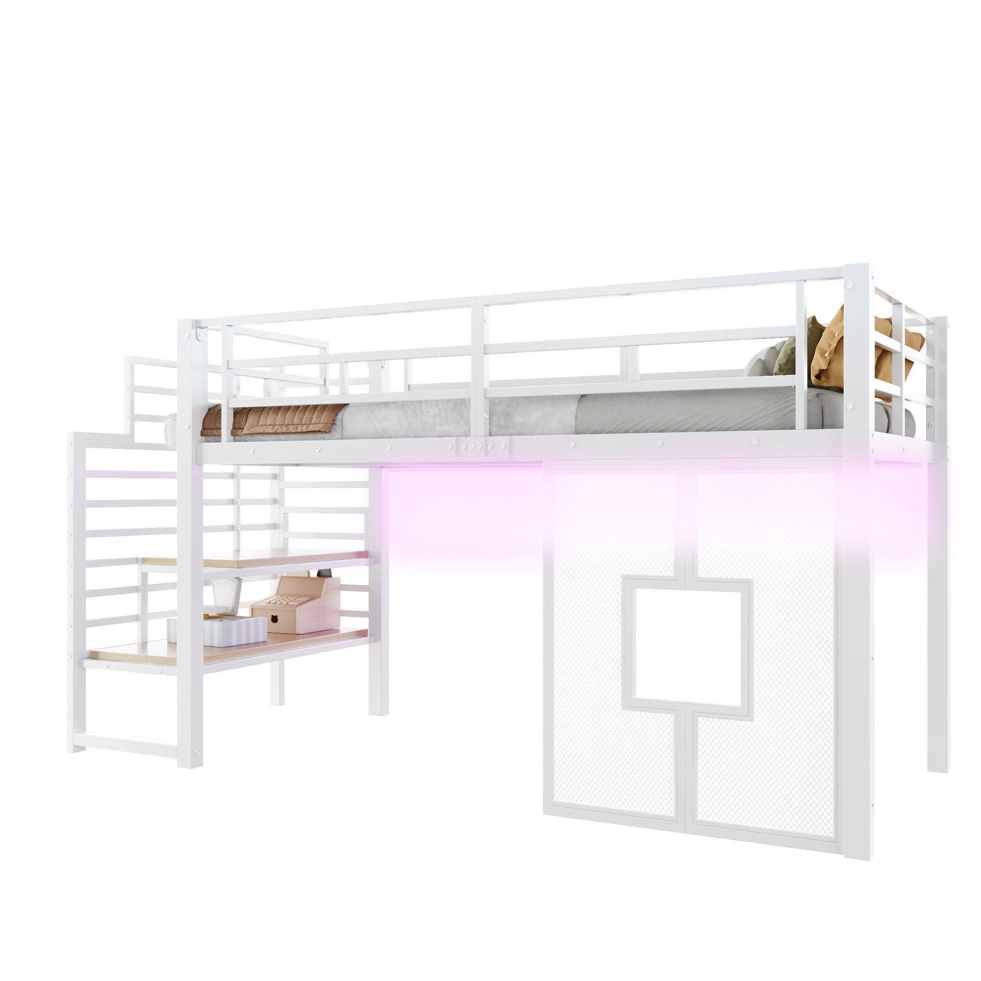 Hochbett 90x200 cm turva-aidat säilytystila LED-valaistus ikkunat valkoinen metalli MDF