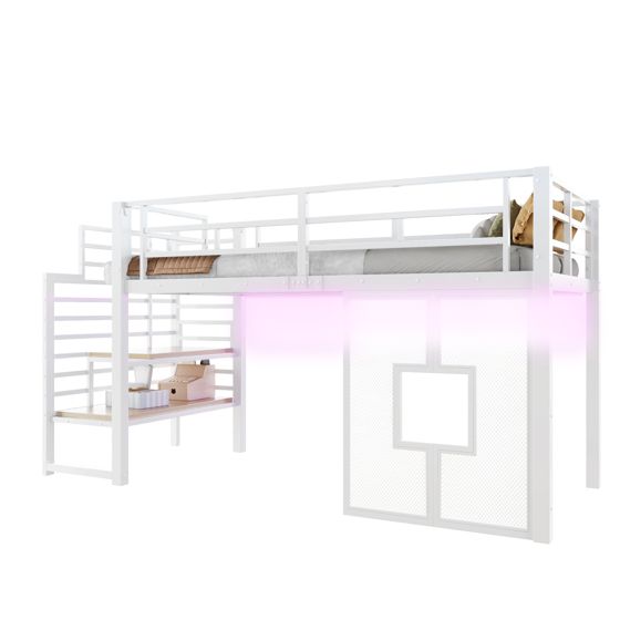 Hochbett 90x200 cm turva-aidat säilytystila LED-valaistus ikkunat valkoinen metalli MDF
