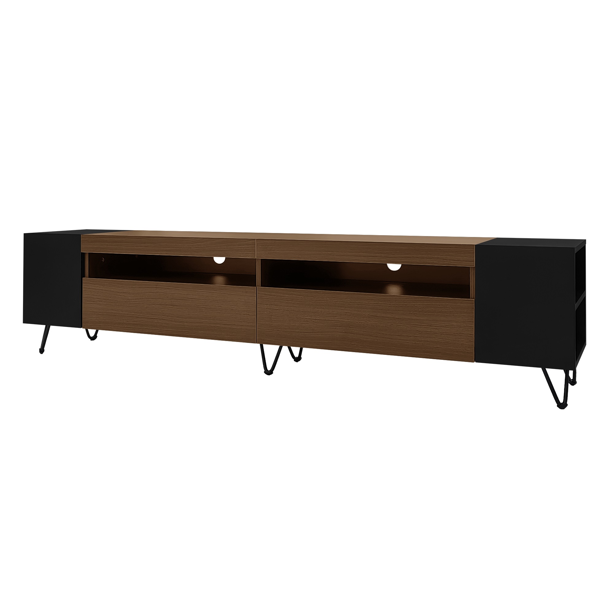 TV-taso 180x36x43 cm musta ja puuoptiikka MDF lastulevy säilytyksellä ja avohyllyillä