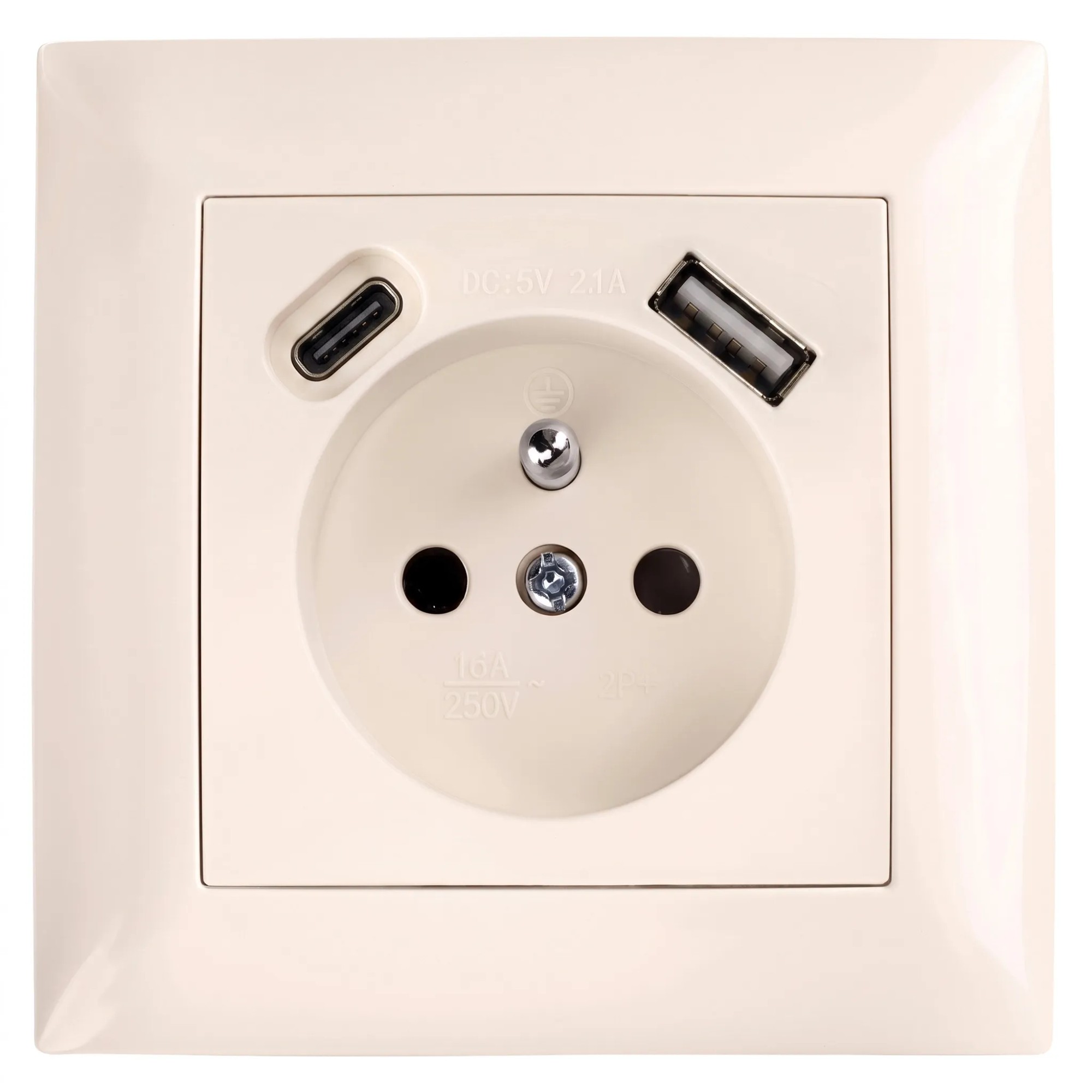 Toolight Yksiosainen maadoitettu pistorasia OSTE JNH004-G + kehys +USB-A, USB-C Beige 4, 8x7, 4x7, 4cm