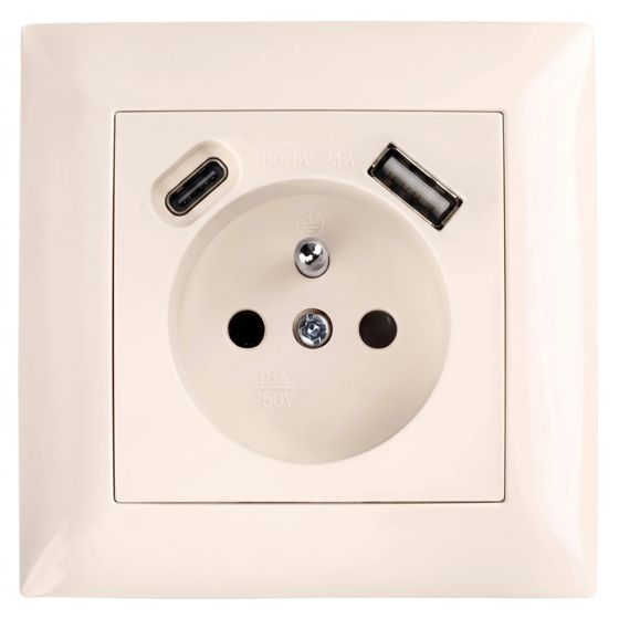 Toolight Yksiosainen maadoitettu pistorasia OSTE JNH004-G + kehys +USB-A, USB-C Beige 4, 8x7, 4x7, 4cm