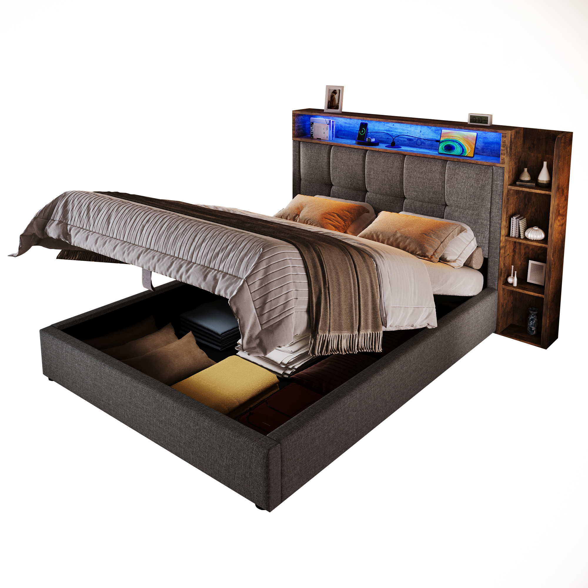 Verhoiltu sänky 90x200 cm, yhden hengen sänky LED-valolla ja USB Type-C -lataustoiminnolla, pellava, harmaa