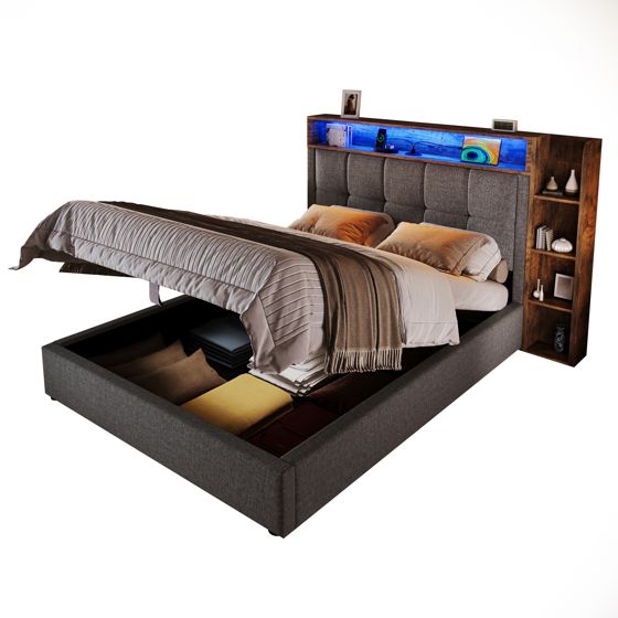 Verhoiltu sänky 90x200 cm, yhden hengen sänky LED-valolla ja USB Type-C -lataustoiminnolla, pellava, harmaa