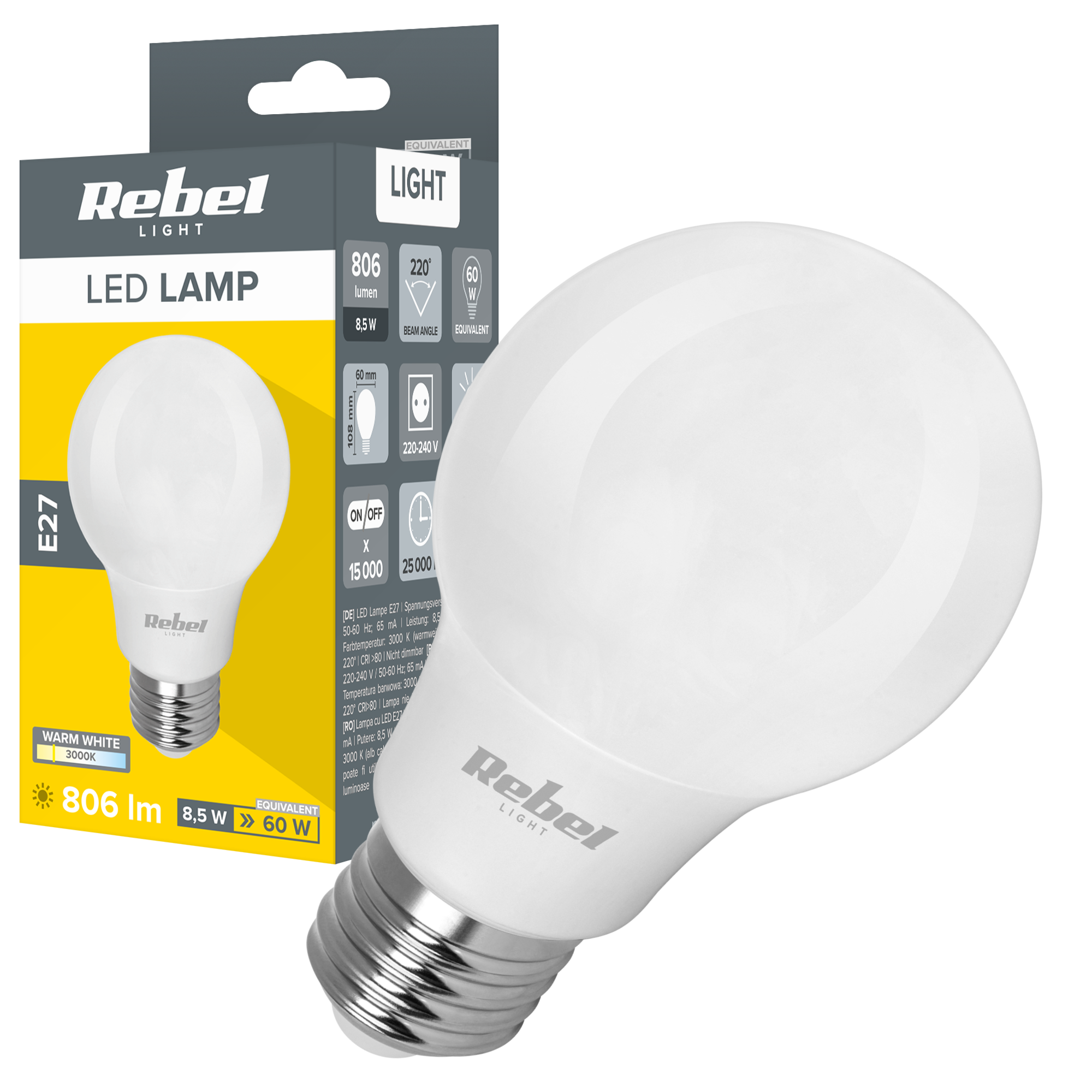LED-lamppu 8,5 W E27 A60 806 lm 3000 K Rebel