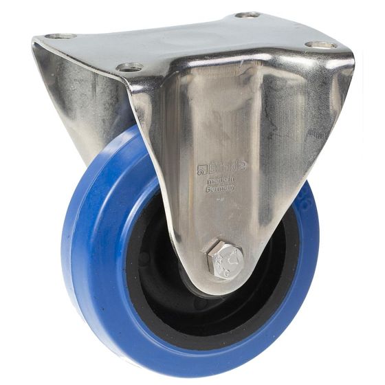 100mm ruostumattomasta teräksestä valmistettu kiinteä pyörä, jossa on sininen elastinen kumi nailonpyörän keskipyörällä.