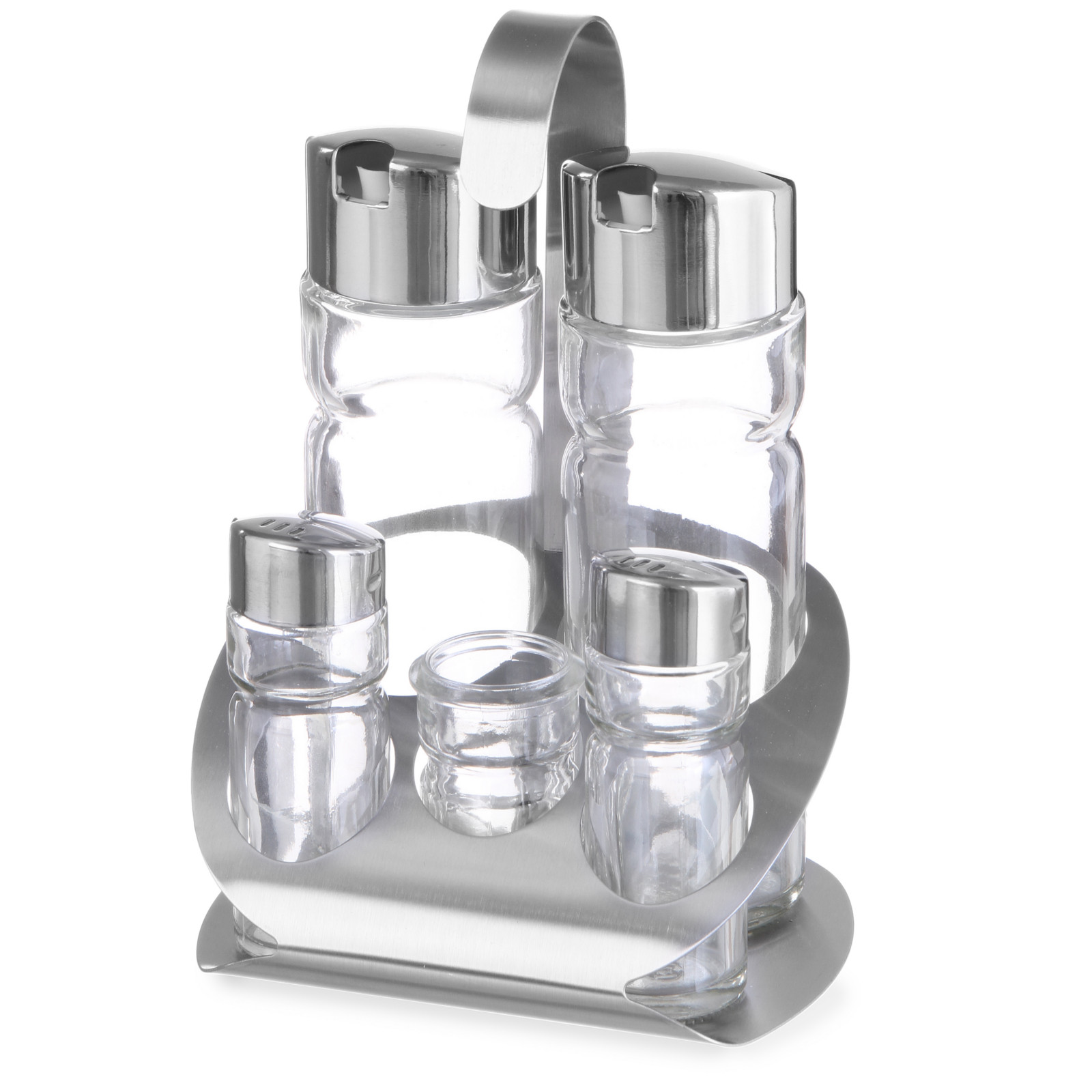 Ruostumattomasta teräksestä valmistettu maustesetti, jossa suolaa, pippuria, oliiviöljyä, etikkaa ja hammastikkuja - Hendi 465363