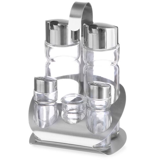 Ruostumattomasta teräksestä valmistettu maustesetti, jossa suolaa, pippuria, oliiviöljyä, etikkaa ja hammastikkuja - Hendi 465363