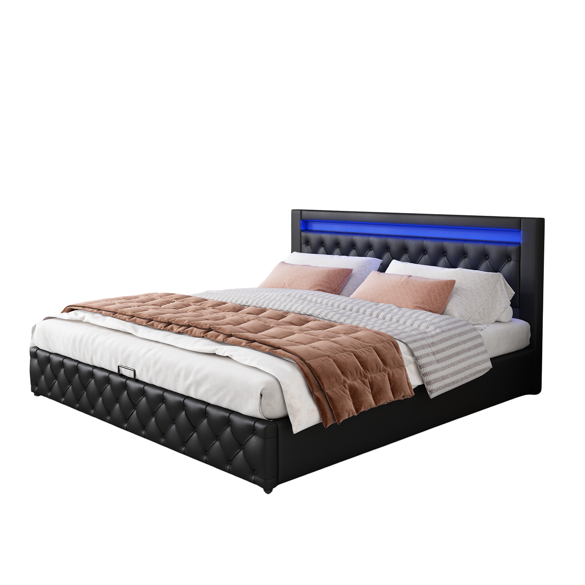 sänky 160x200 cm säilytystila ja LED-valaistus musta PU