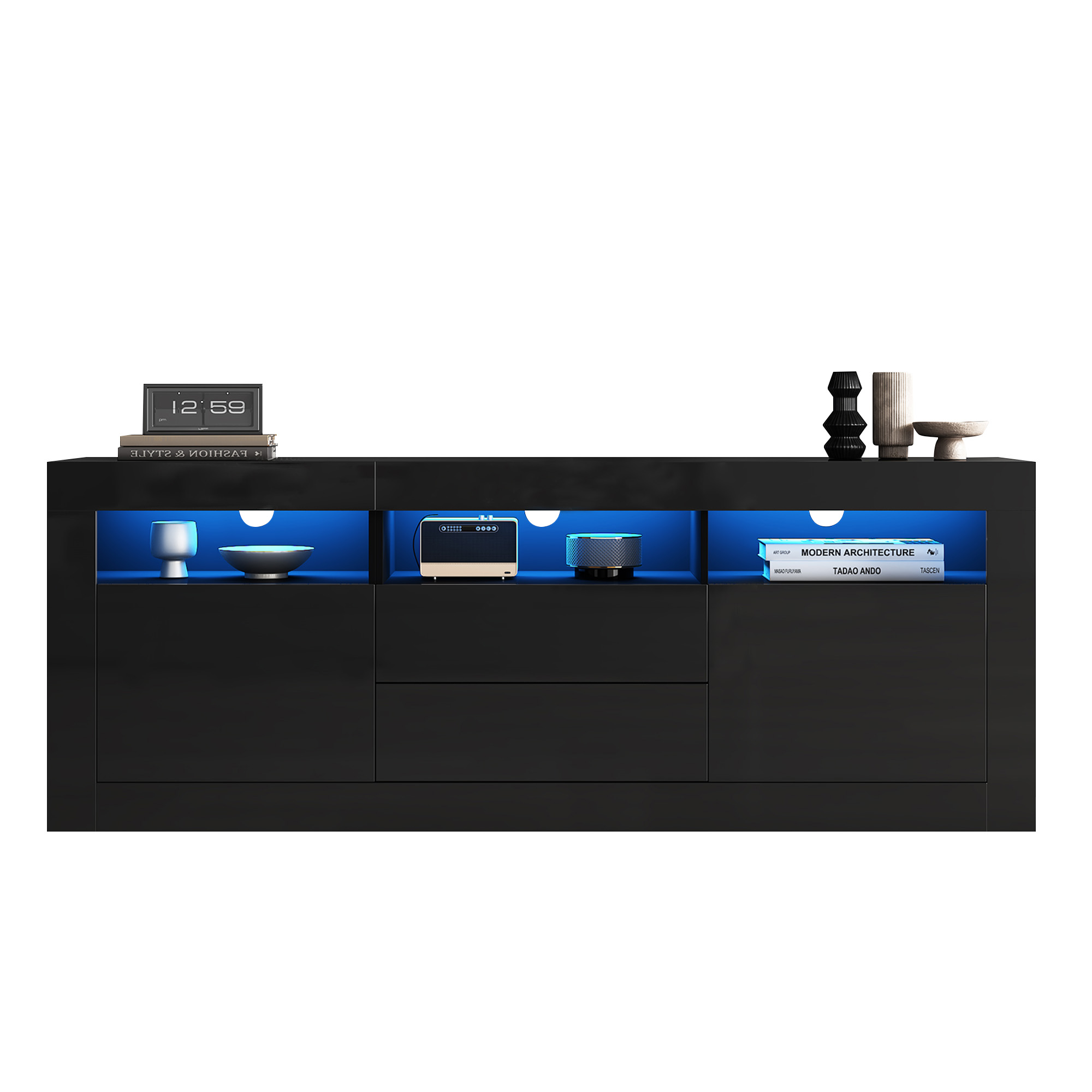 TV-taso 160x35x60 cm musta lastulevy säilytyksellä ja LED-valaistuksella
