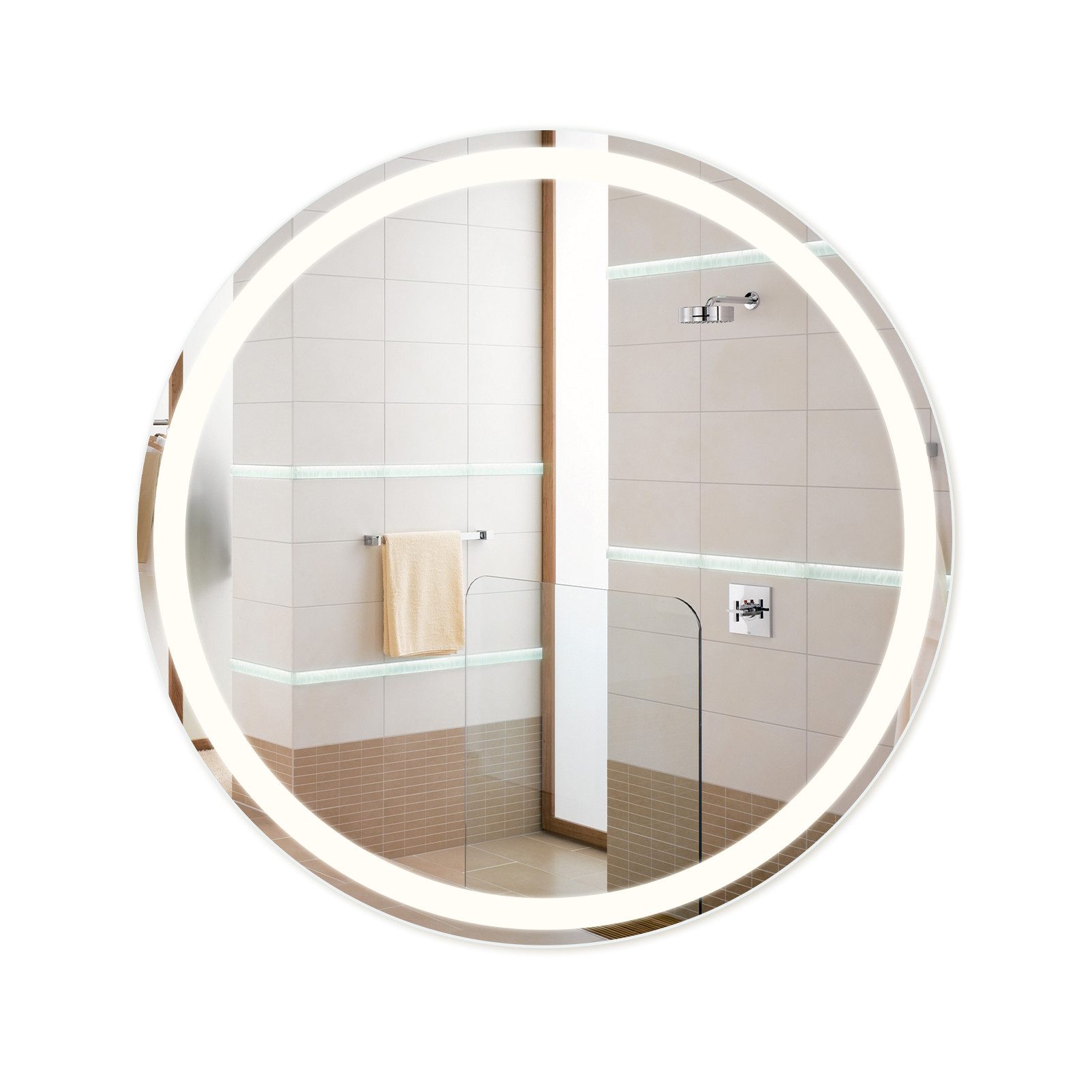 NETTLIFE valaistu kylpyhuoneen peili - pyöreä 70 cm LED, seinäkiinnitys, kosketuskytkin, huurtumaton, IP44 säädettävä 3000K-6500K