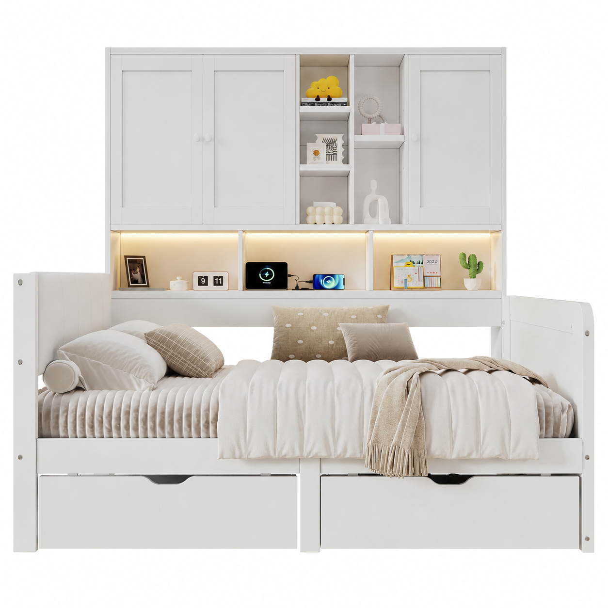 sänky 90x200 cm säilytystila LED-valaistus USB-lataus laatikot valkoinen MDF