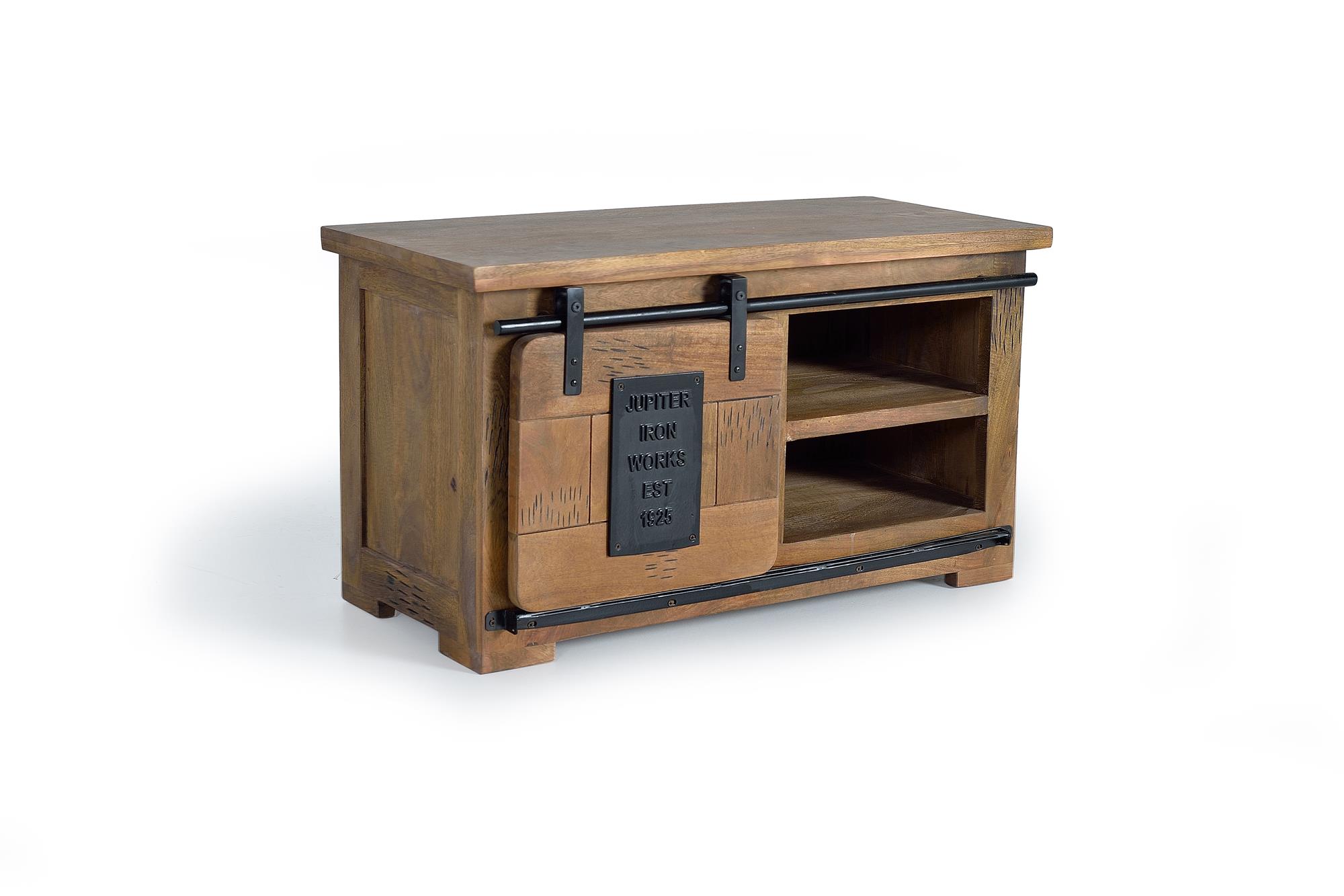 TV-taso akaasiapuusta luonnonmetallisilla yksityiskohdilla