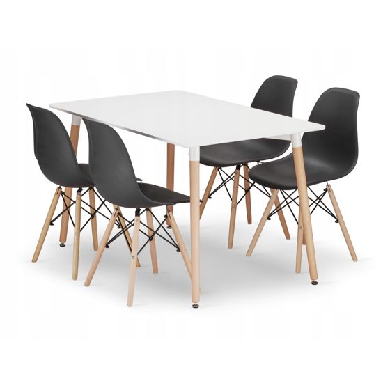 ADRIA suorakulmainen pöytä 120x80 valkoinen, 4 OSAKA-tuolia musta