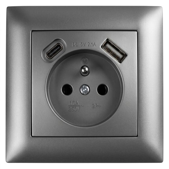 Toolight Yksiosainen maadoitettu pistorasia OSTE JNH004-G Harmaa 7, 4x7, 4x4, 8cm