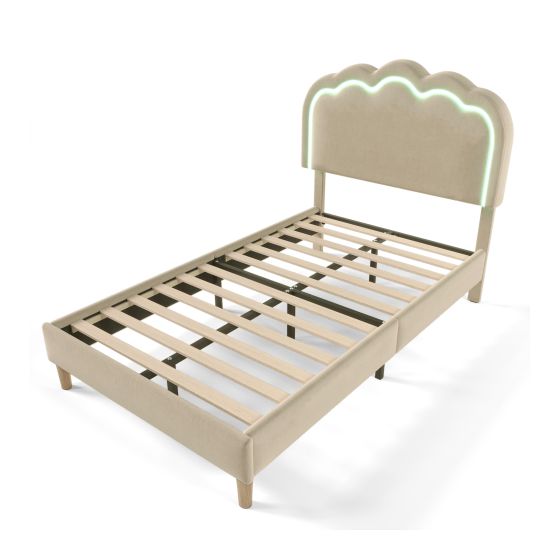LED-Sänky 90 x 190 cm, Beige Pellava