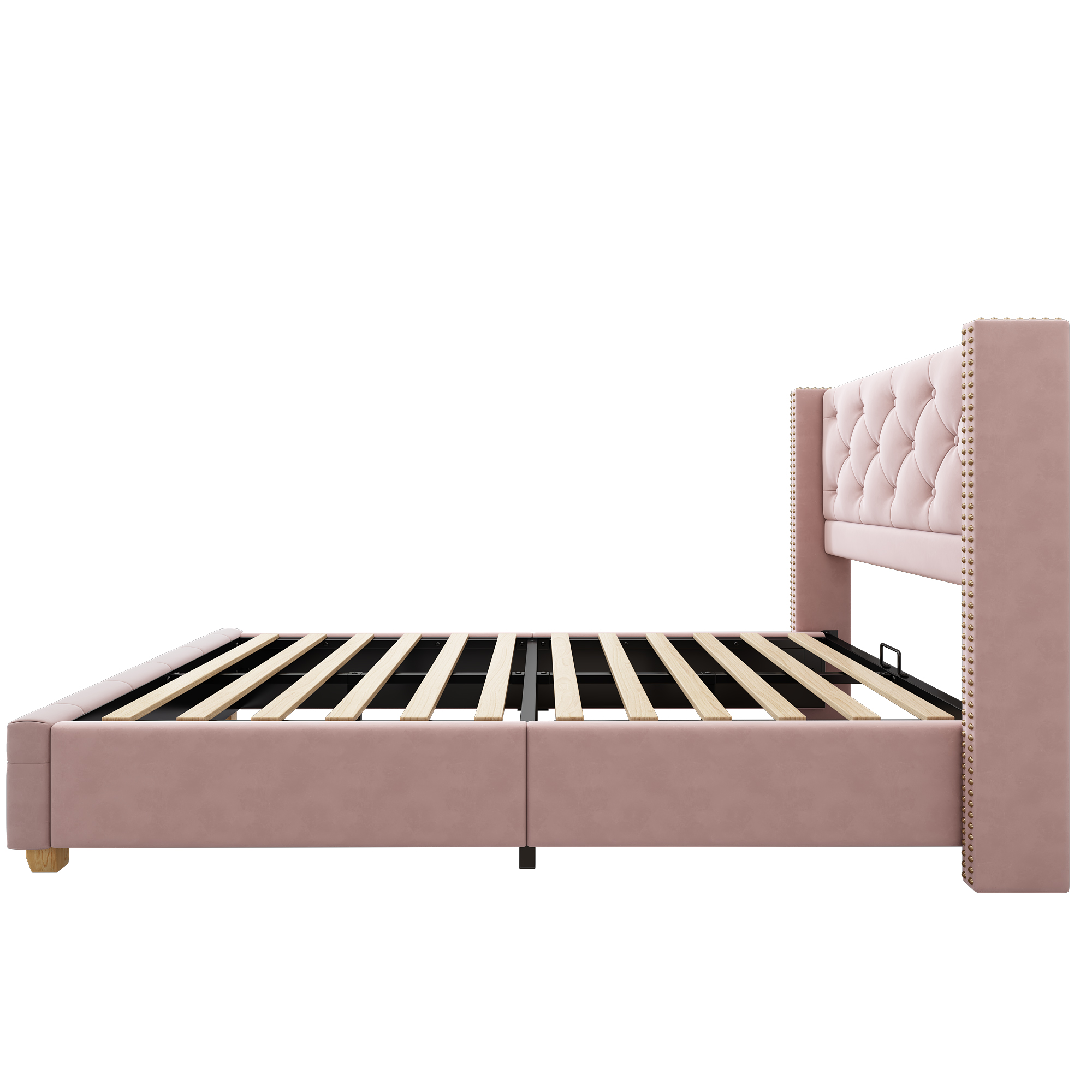 Verhoiltu Sänky 90 x 200 cm, Samettipinkki, Napitettu Verhoilu, Puiset Jalat, Sälepohja