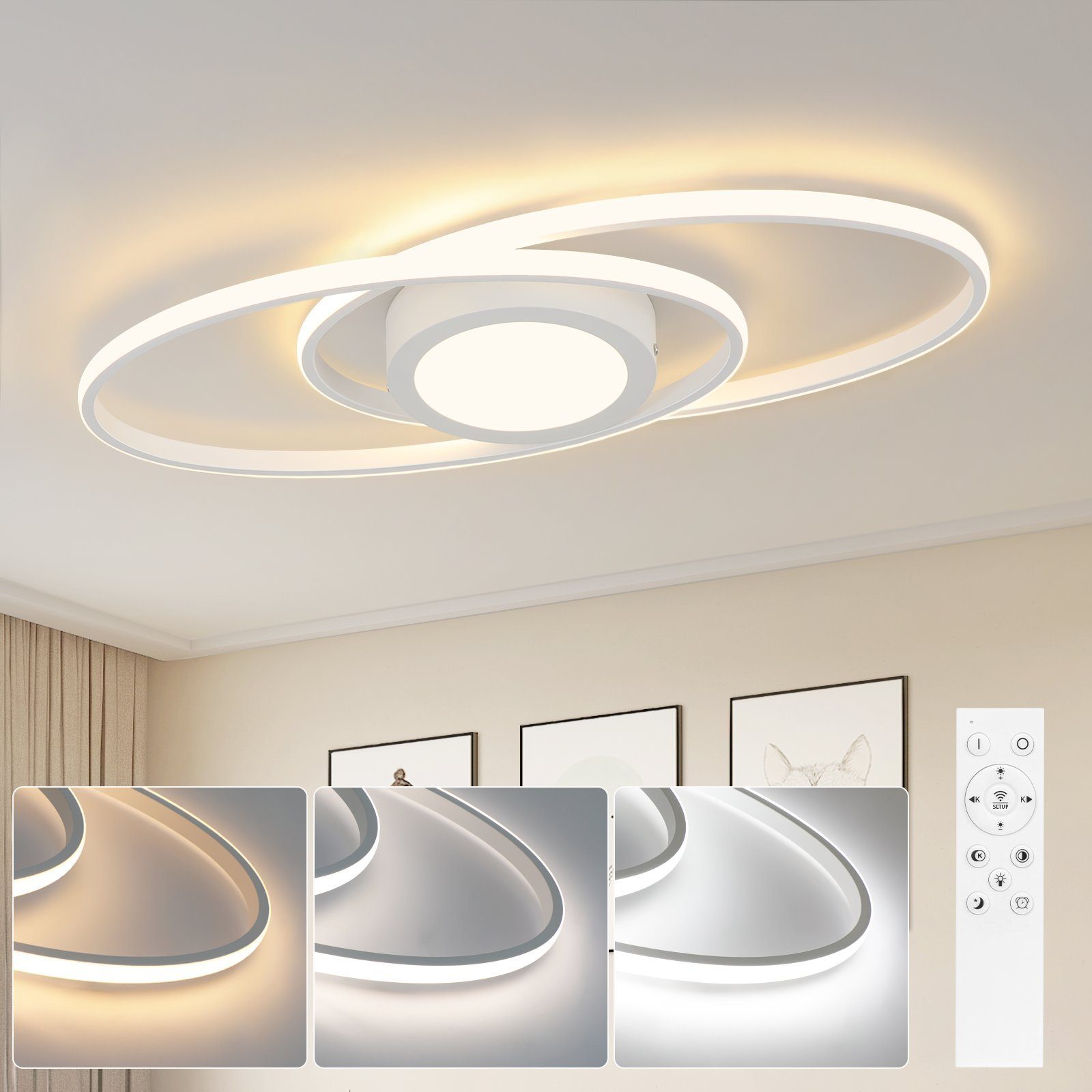 NETTLIFE soikea LED-kattovalaisin 48W himmennettävä valkoinen kaukosäätimellä 3000K - 6500K moderni makuuhuoneeseen, lastenhuoneeseen, toimistoon