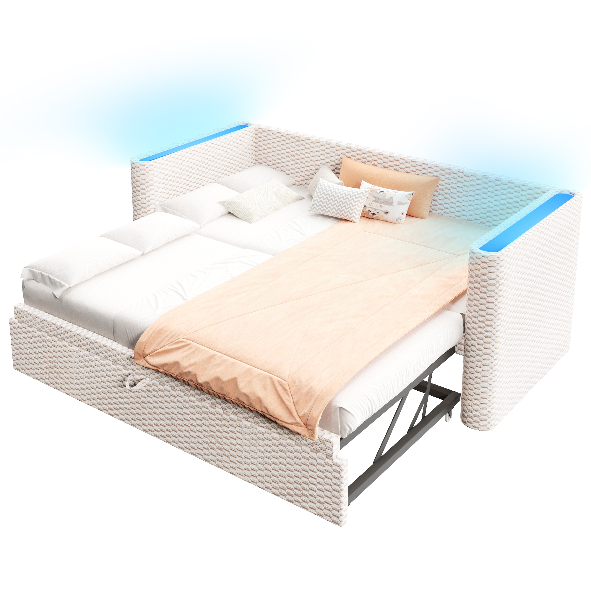 sänky 90x200 cm pidennettävä LED-valaistus kermanvärinen sametti
