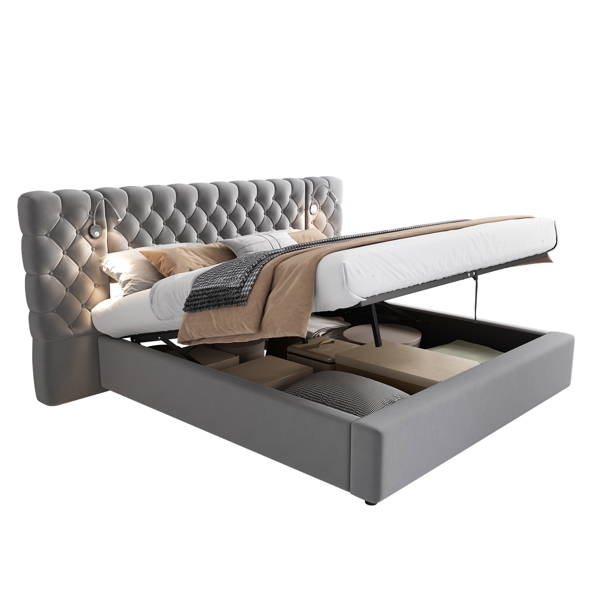 Verhoiltu sänky 180 x 200 cm, parisänky säilytystilalla ja LED-valaistuksella, sängynpääty, sametti, harmaa