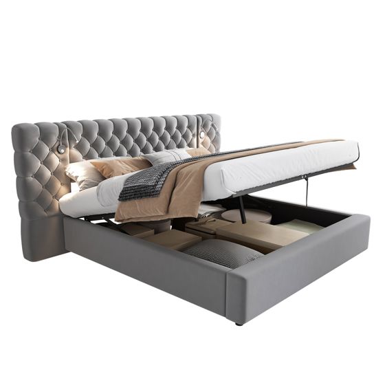 Verhoiltu sänky 180 x 200 cm, parisänky säilytystilalla ja LED-valaistuksella, sängynpääty, sametti, harmaa