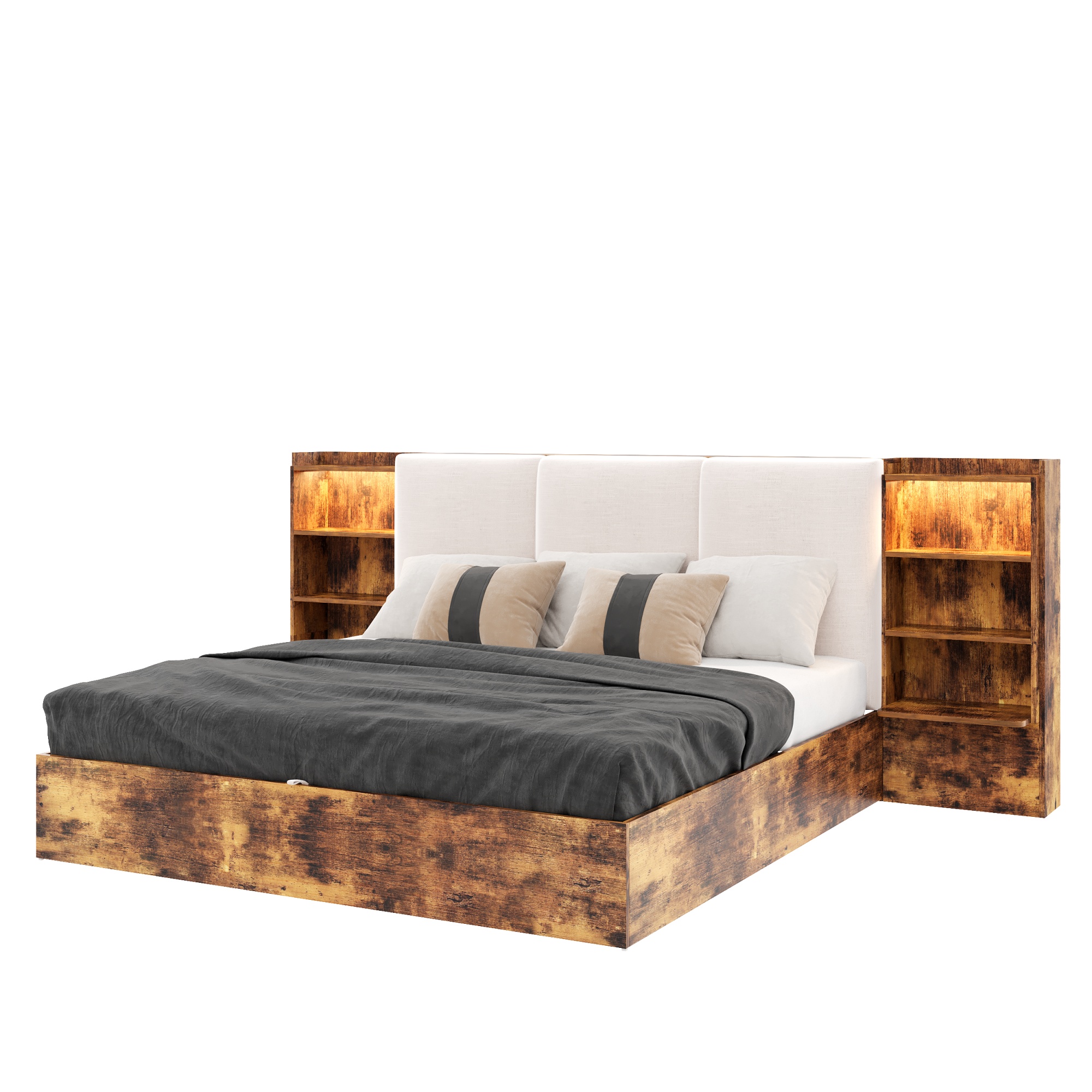 Sänky 180x200 cm säilytystila, gepolstettu pääty, LED-valaistus, ruskea, MDF ja vaneri
