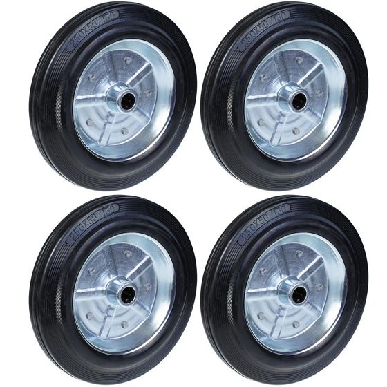 250 mm:n (10 tuuman) musta kumipyörä, jossa on puristetusta teräksestä valmistettu 20 mm:n keskiöaukko, kantavuus 210 kg – sarja