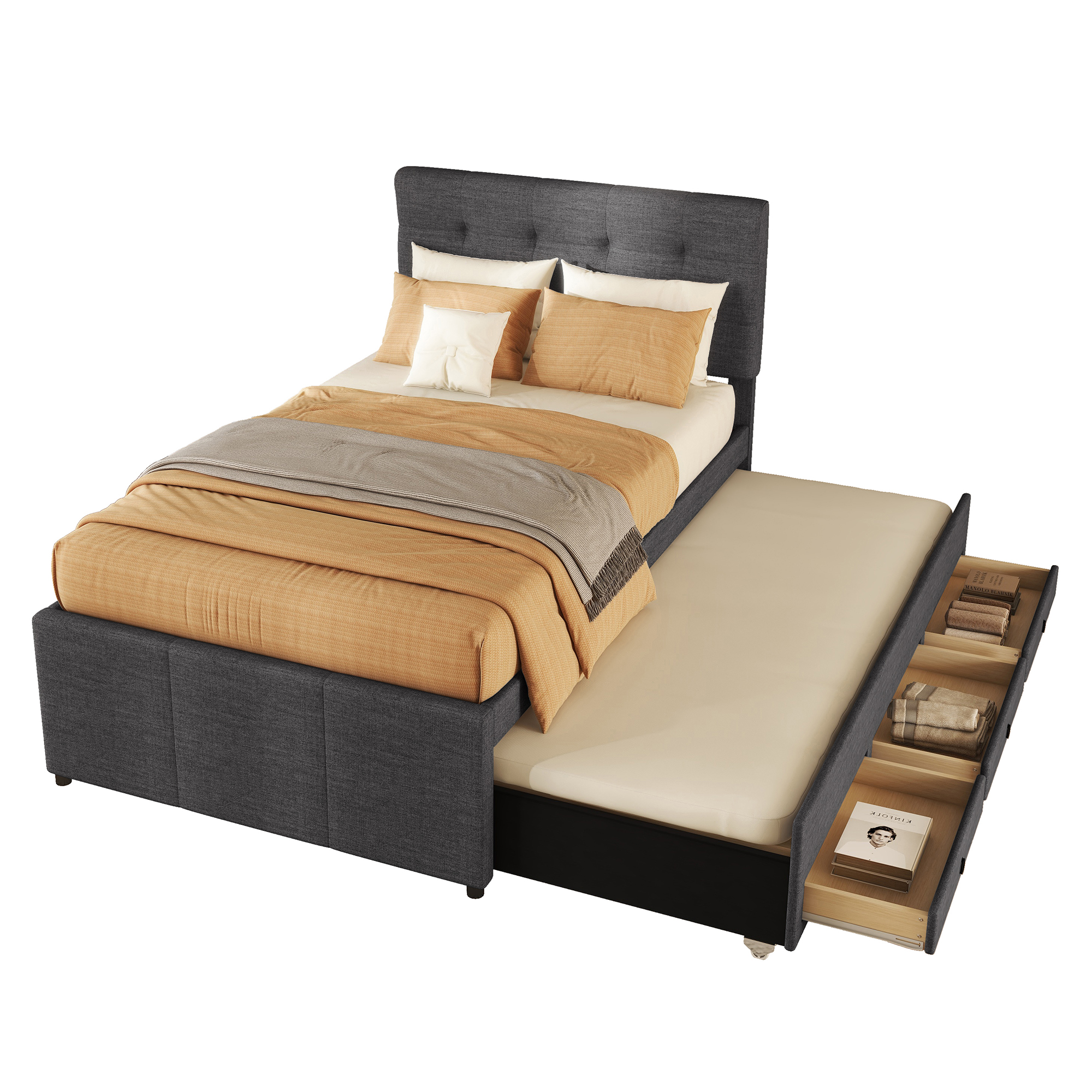 Verhoiltu sänky 90x200cm, Levitettävä lisäsänky 90x190cm, 3 laatikkoa, Harmaa