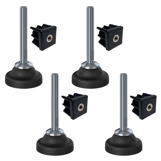 Ruostumaton teräsjalka M10x70, 50 mm:n muovialusta + kiinnike 30x30x1, 5 mm, kantavuus 1400 kg – 4 kpl:n sarja