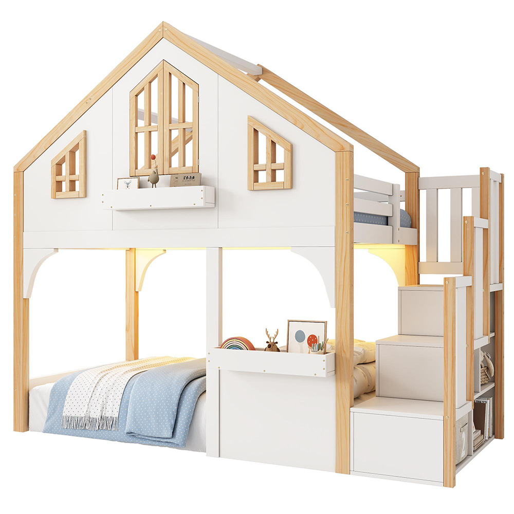 Talo-sänky 90 x 200 cm LED-valoilla ja portaikoilla, valkoinen + luonnonväri