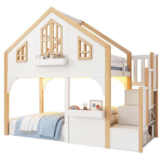 Talo-sänky 90 x 200 cm LED-valoilla ja portaikoilla, valkoinen + luonnonväri