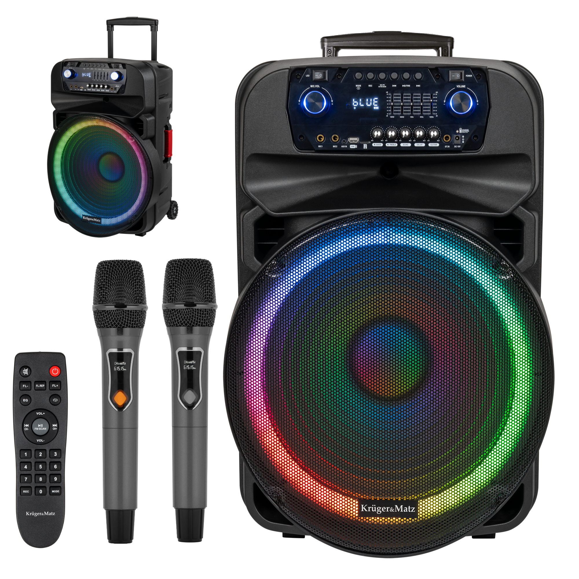 Langaton kaiutinpylväs 2 x mikrofoni UHF SD Bluetooth FM USB LED 60 W