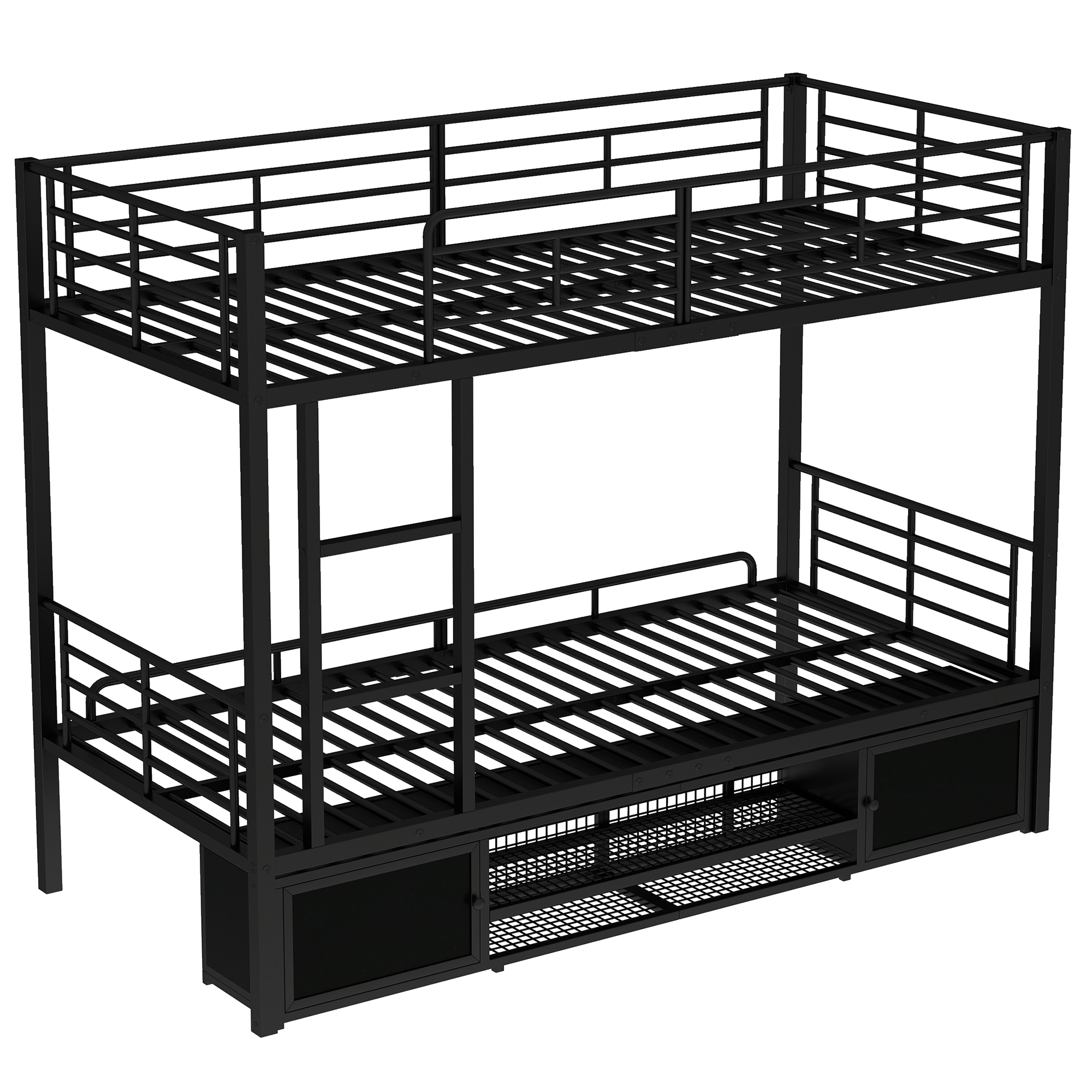 Kerrossänky 90x200cm kenkäkaapilla, kaksiovinen säilytyskaappi, lastensänky sivutikkailla ja turvalaidalla, rautaa, musta