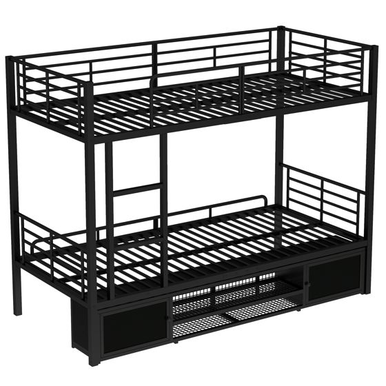 Kerrossänky 90x200cm kenkäkaapilla, kaksiovinen säilytyskaappi, lastensänky sivutikkailla ja turvalaidalla, rautaa, musta