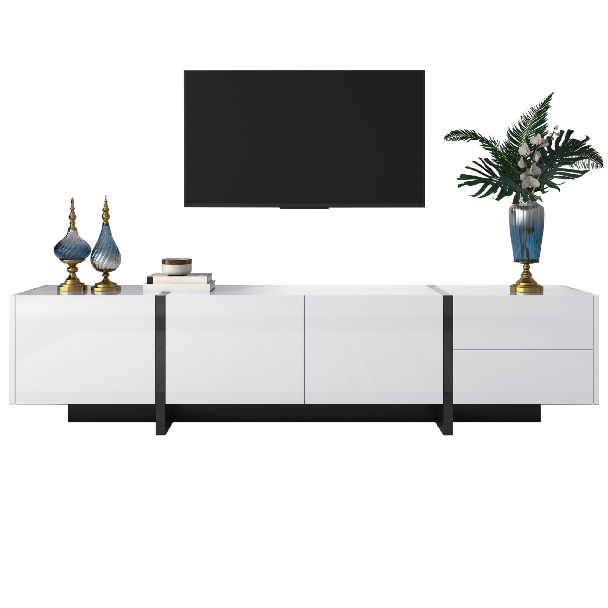 TV-taso 190x45x35 cm valkoinen ja musta lastulevy, säilytyksellä ja liukuovilla