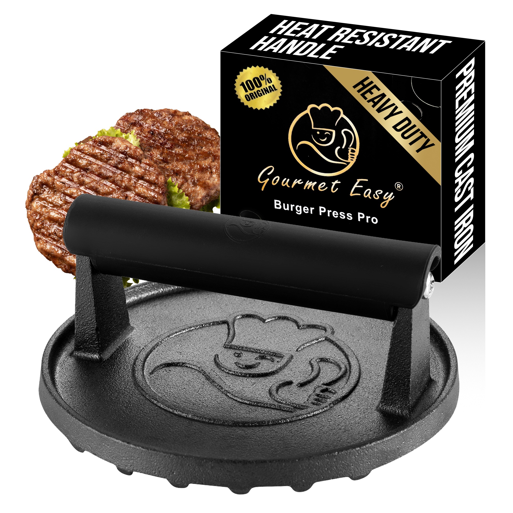 Gourmet Easy Smash Burger Puristin lämmönkestävällä kahvalla, 2 LBS valurautainen Burger Smasher