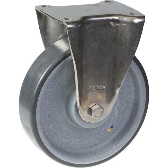 160 mm:n ruostumattomasta teräksestä valmistettu kiinteä pyörä, jossa on harmaa sähköä johtava kestomuovi.