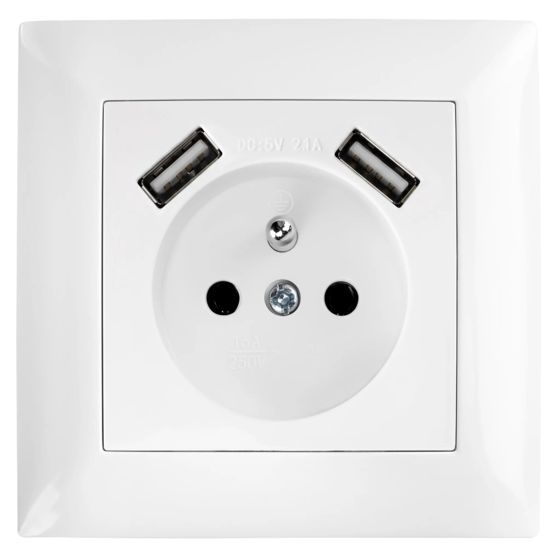Toolight Yksiosainen maadoitettu pistorasia JNH003-G + kehys + 2x USB-A Valkoinen 4, 8x7, 4x7, 4cm