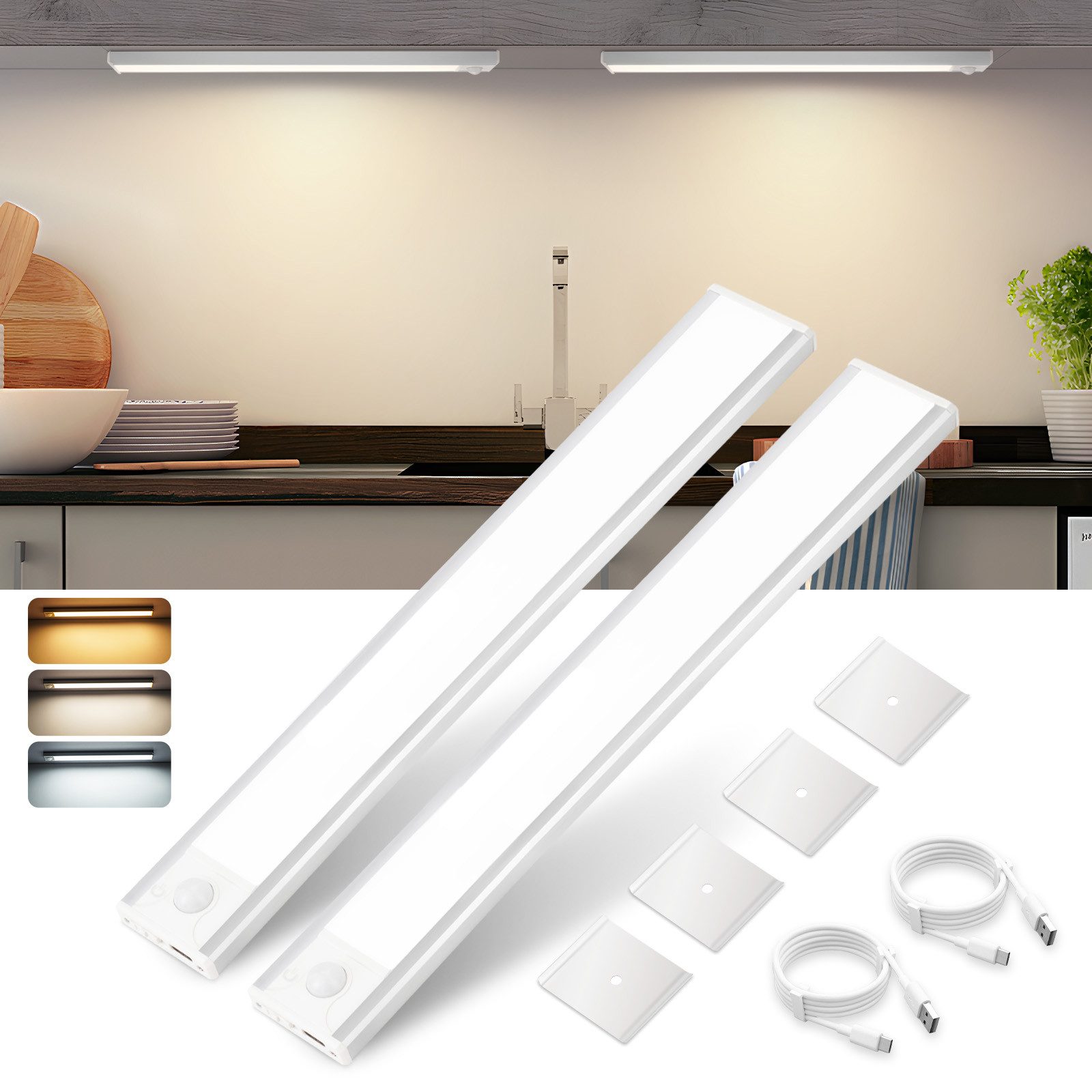 NETTLIFE 2 x LED-kaapinalusvalaisin liiketunnistimella, USB-ladattava, 1500 mAh, ihanteellinen vaatekaappiin, eteiseen tai komeroon