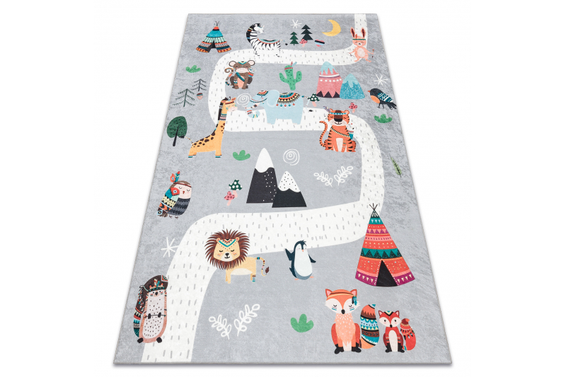 BAMBINO 2160 pestävä matto Streets, intiaanikylä, eläimet lapsille, liukumaton - harmaa 140x190 cm