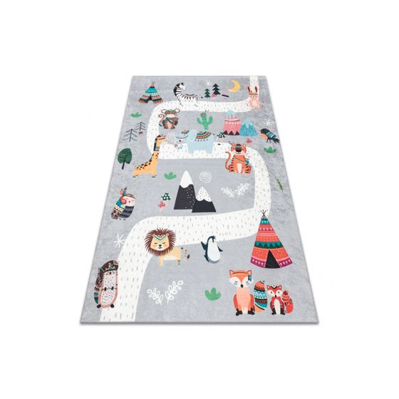 BAMBINO 2160 pestävä matto Streets, intiaanikylä, eläimet lapsille, liukumaton - harmaa 140x190 cm