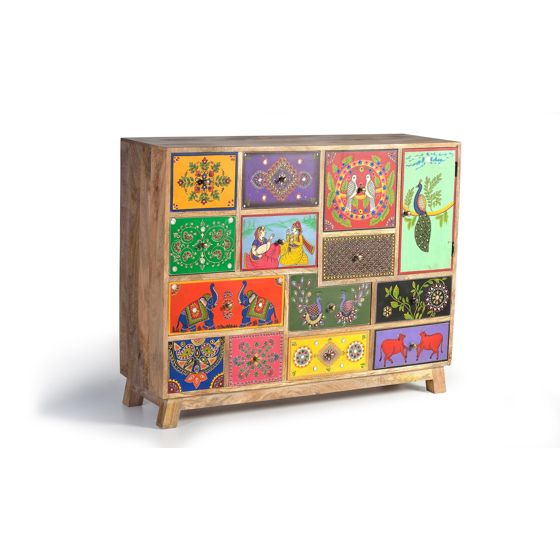 Käsinmaalattu monivärinen mangopuusta valmistettu lipasto