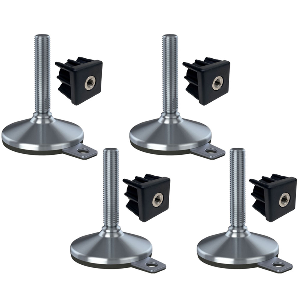 Ruostumaton teräsjalka M20x100, pohja 105 mm, aluslevy ja kiinnitysreikä + insertti 40x40x2 mm – 4 kpl:n sarja