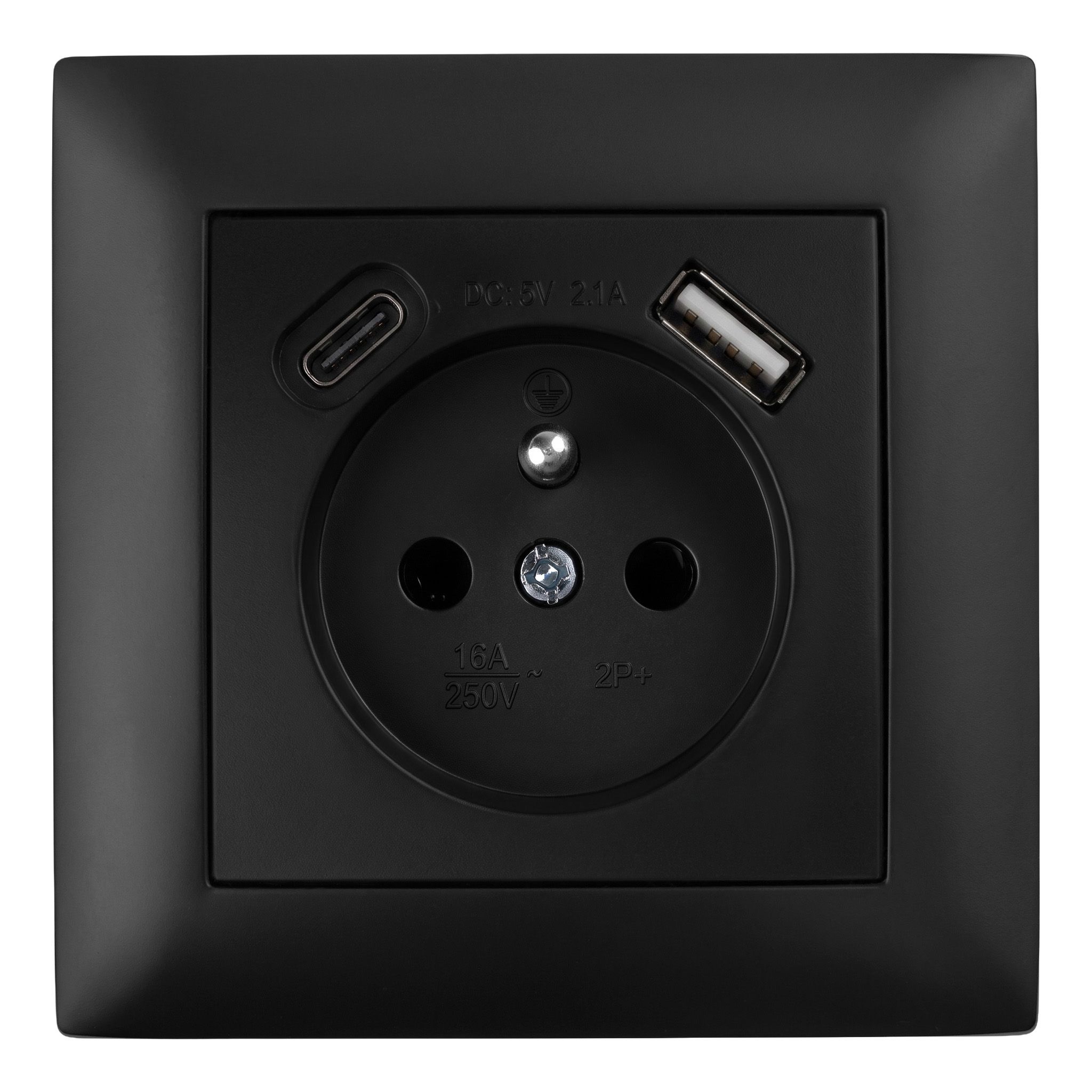 Toolight Yksiosainen maadoitettu pistorasia OSTE JNH004-G + kehys +USB-A, USB-C Musta 4, 8x7, 4x7, 4cm