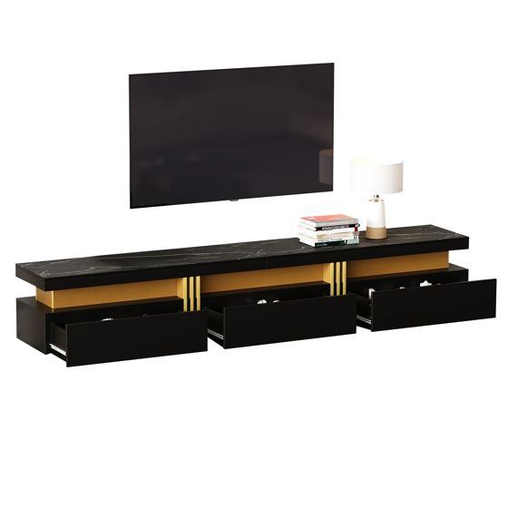 TV-taso 200x40x42 cm musta lastulevy säilytyksellä ja kabeliaukolla